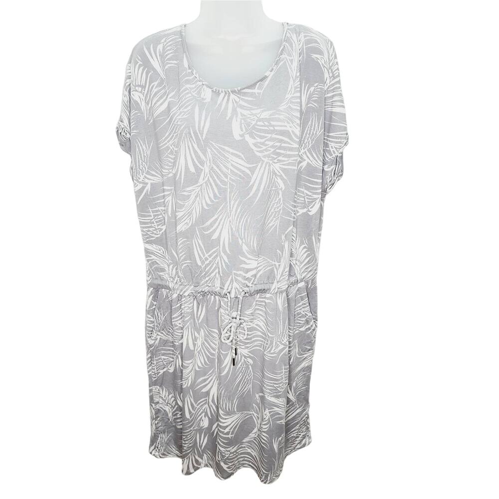 Women’s XL Gray & White Tropical Print Dress Coastal Chic Drawstring Waist